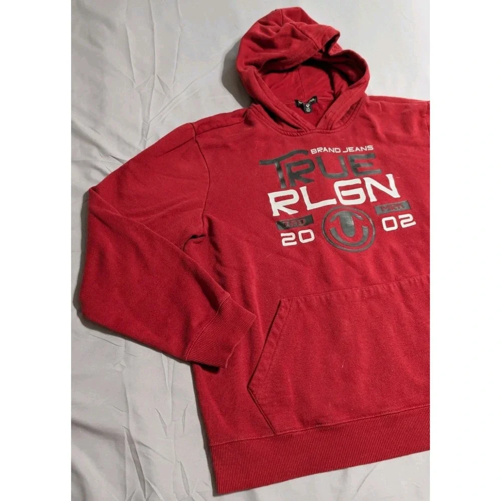 True Religion Hoodie Mens Large‎ Red Pullover Big Logo Sweatshirt